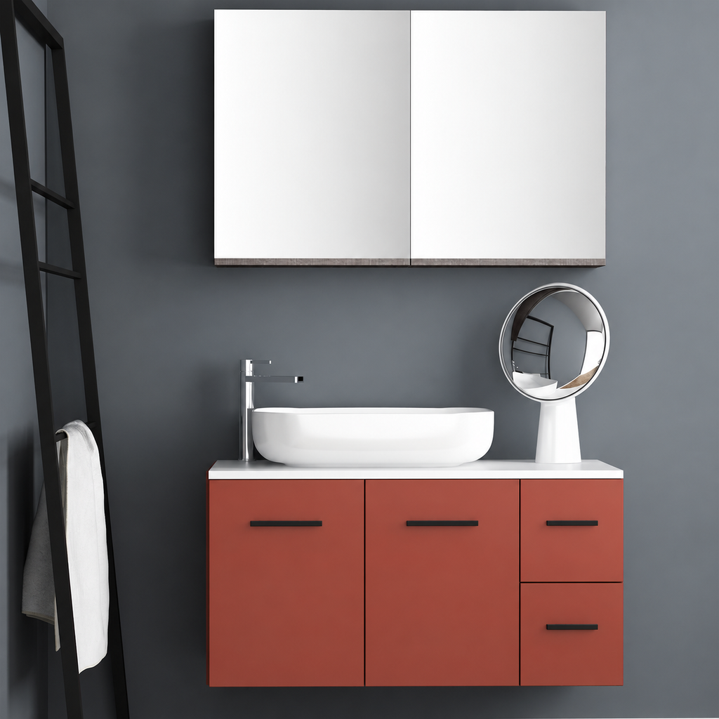 Orabella Solid Surface100 - Finish 165 / White countertop / Two Doors and Two Drawers / Black handles