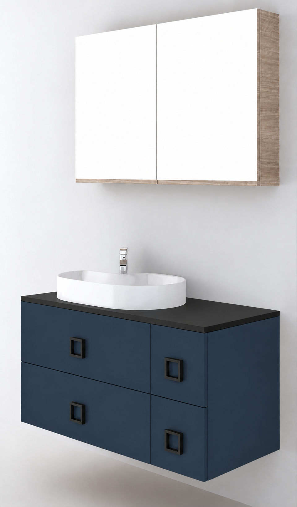 Orabella Solid Surface100 - Finish 167 / Black countertop / Four Drawers / Black handles
