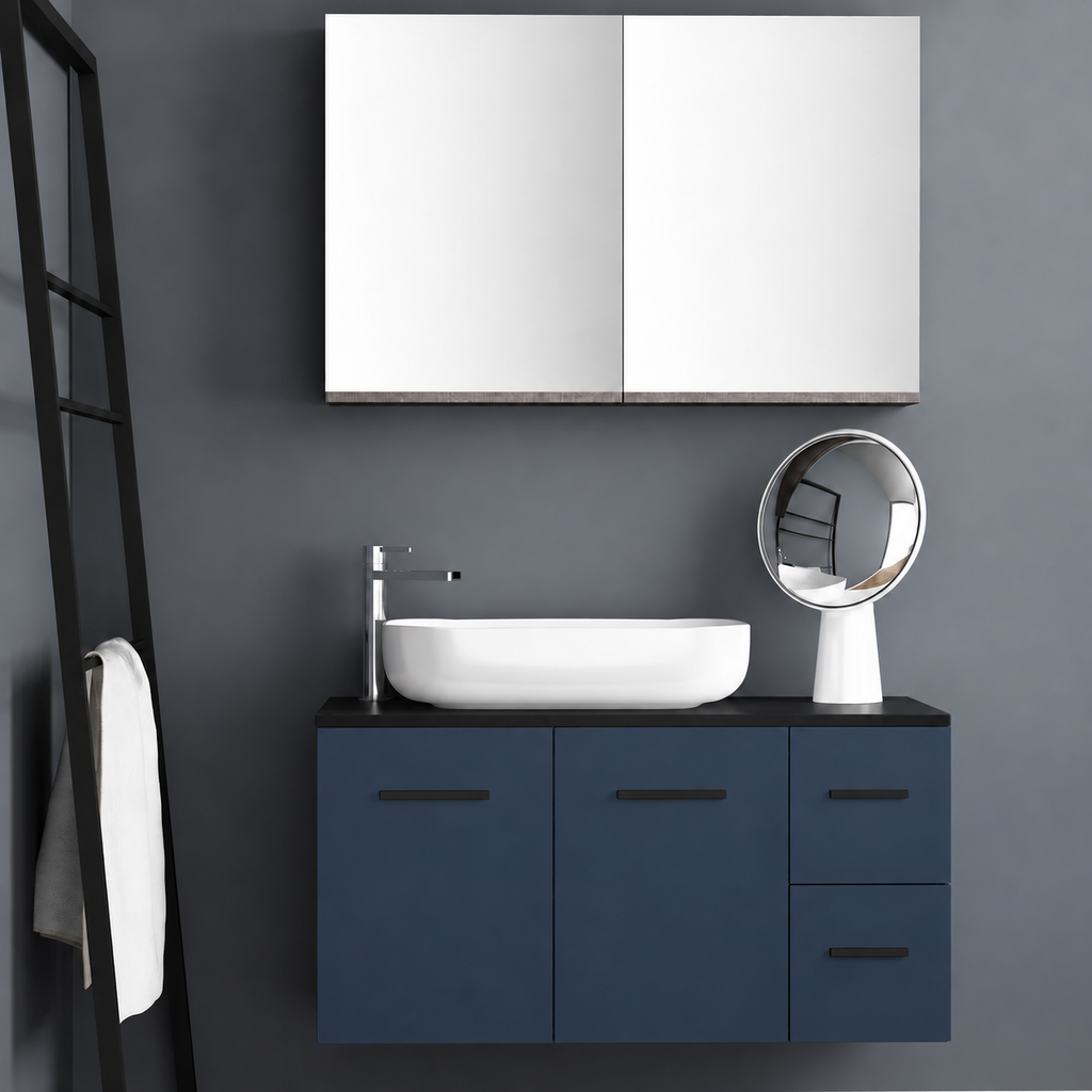 Orabella Solid Surface100 - Finish 167 / Black countertop / Two Doors and Two Drawers / Black handles