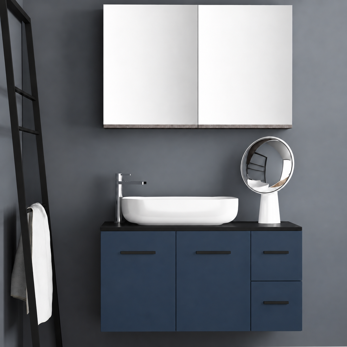 Orabella Solid Surface100 - Finish 167 / Black countertop / Two Doors and Two Drawers / Black handles