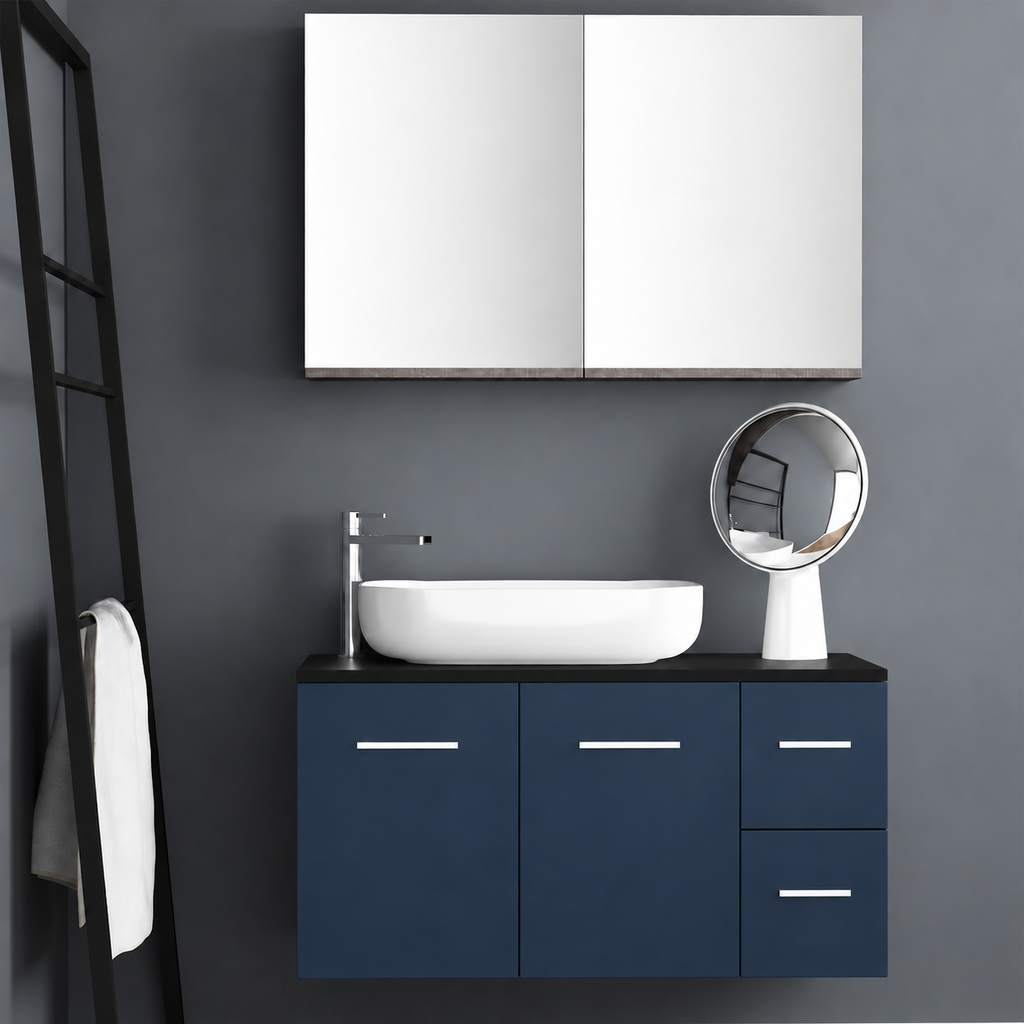 Orabella Solid Surface100 - Finish 167 / Black countertop / Two Doors and Two Drawers / Chrome handles