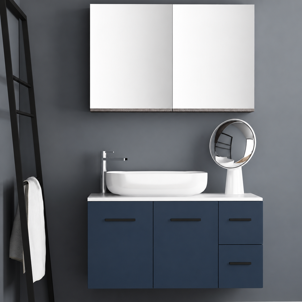 Orabella Solid Surface100 - Finish 167 / White countertop / Two Doors and Two Drawers / Black handles