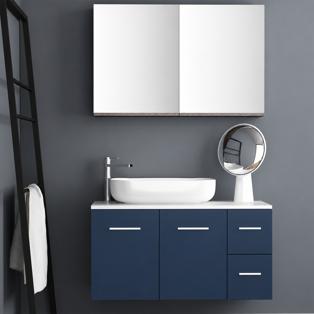 Orabella Solid Surface100 - Finish 167 / White countertop / Two Doors and Two Drawers / Chrome handles