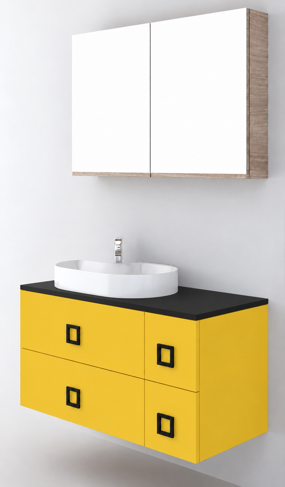 Orabella Solid Surface100 - Finish 168 / Black countertop / Four Drawers / Black handles