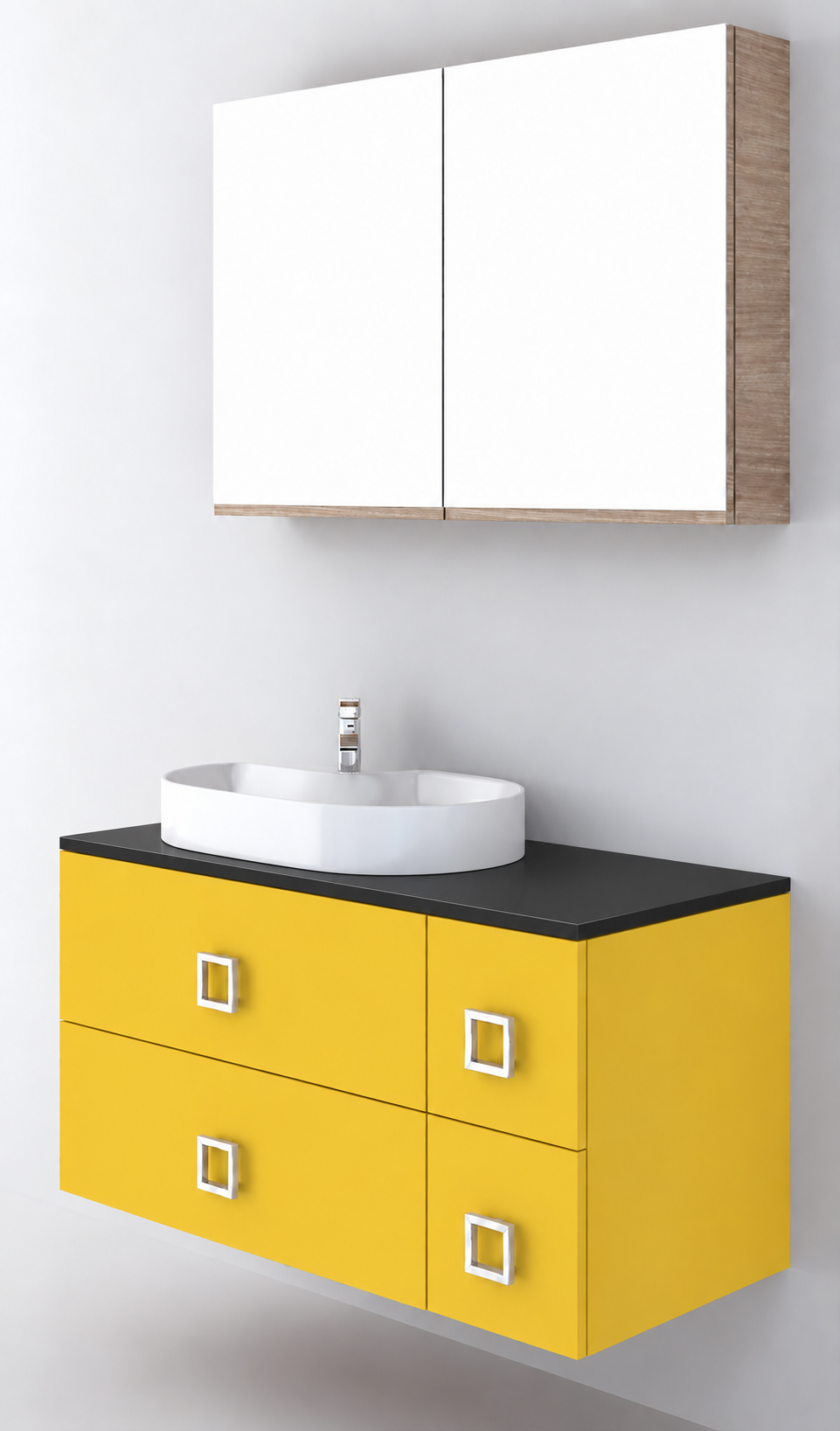 Orabella Solid Surface100 - Finish 168 / Black countertop / Four Drawers / Chrome handles