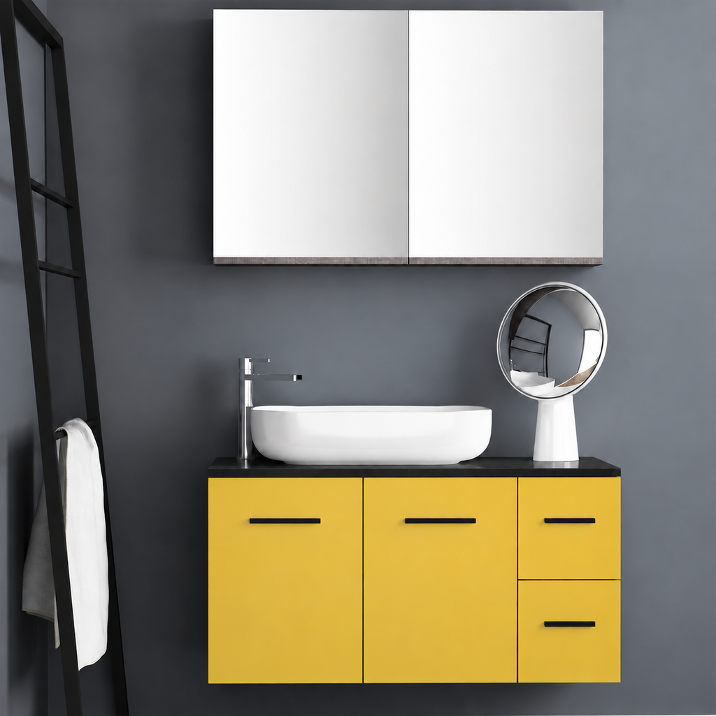 Orabella Solid Surface100 - Finish 168 / Black countertop / Two Doors and Two Drawers / Black handles