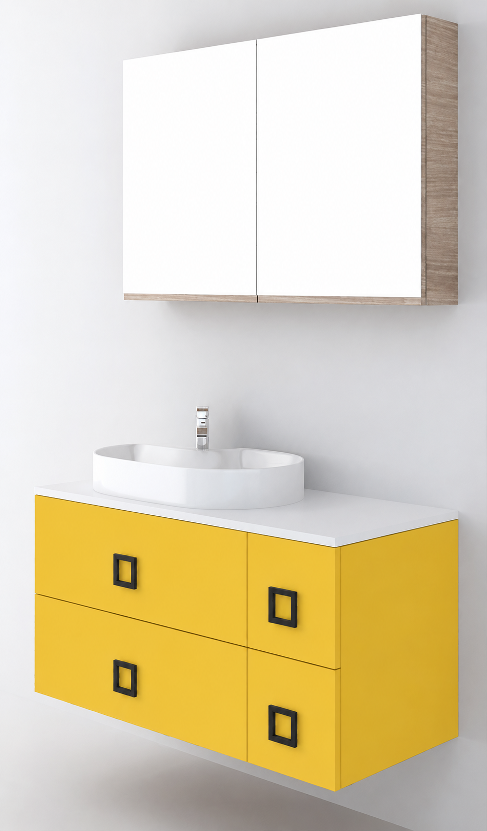 Orabella Solid Surface100 - Finish 168 / White countertop / Four Drawers / Black handles