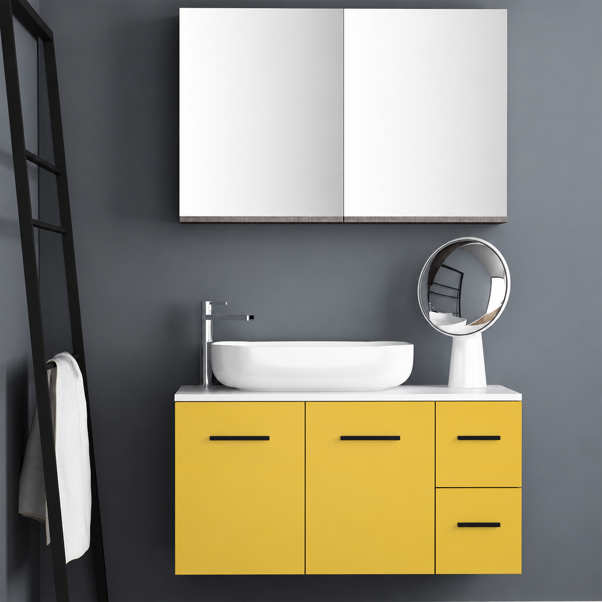 Orabella Solid Surface100 - Finish 168 / White countertop / Two Doors and Two Drawers / Black handles