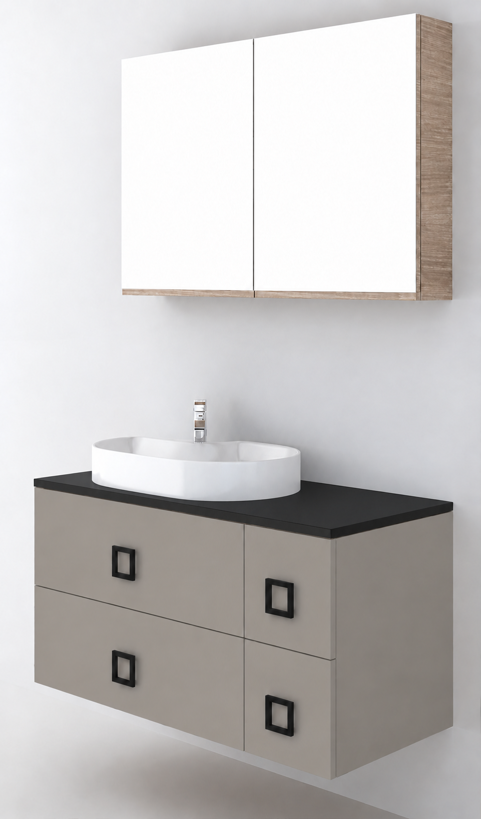 Orabella Solid Surface100 - Finish 194 / Black countertop / Four Drawers / Black handles