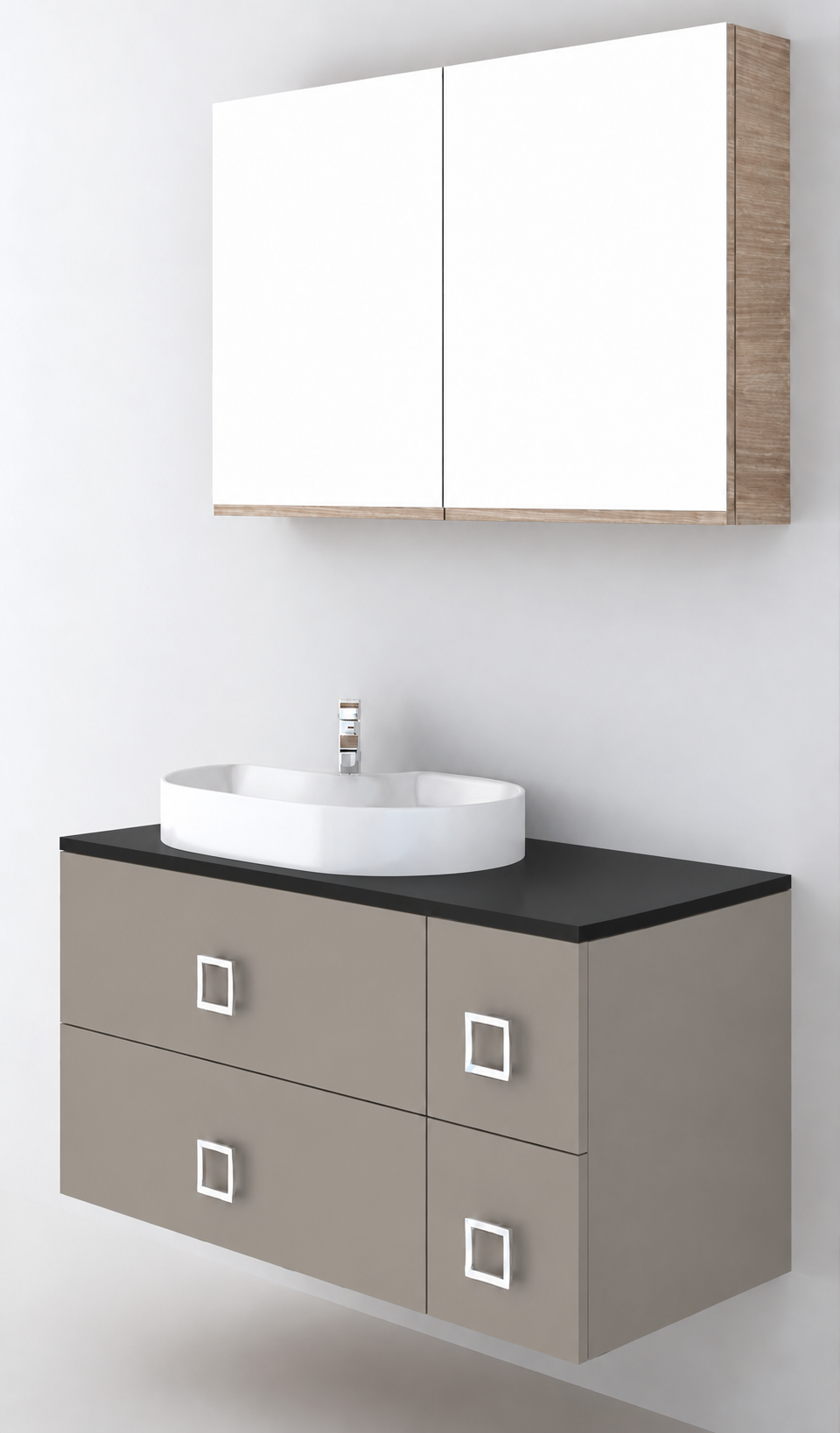 Orabella Solid Surface100 - Finish 194 / Black countertop / Four Drawers / Chrome handles