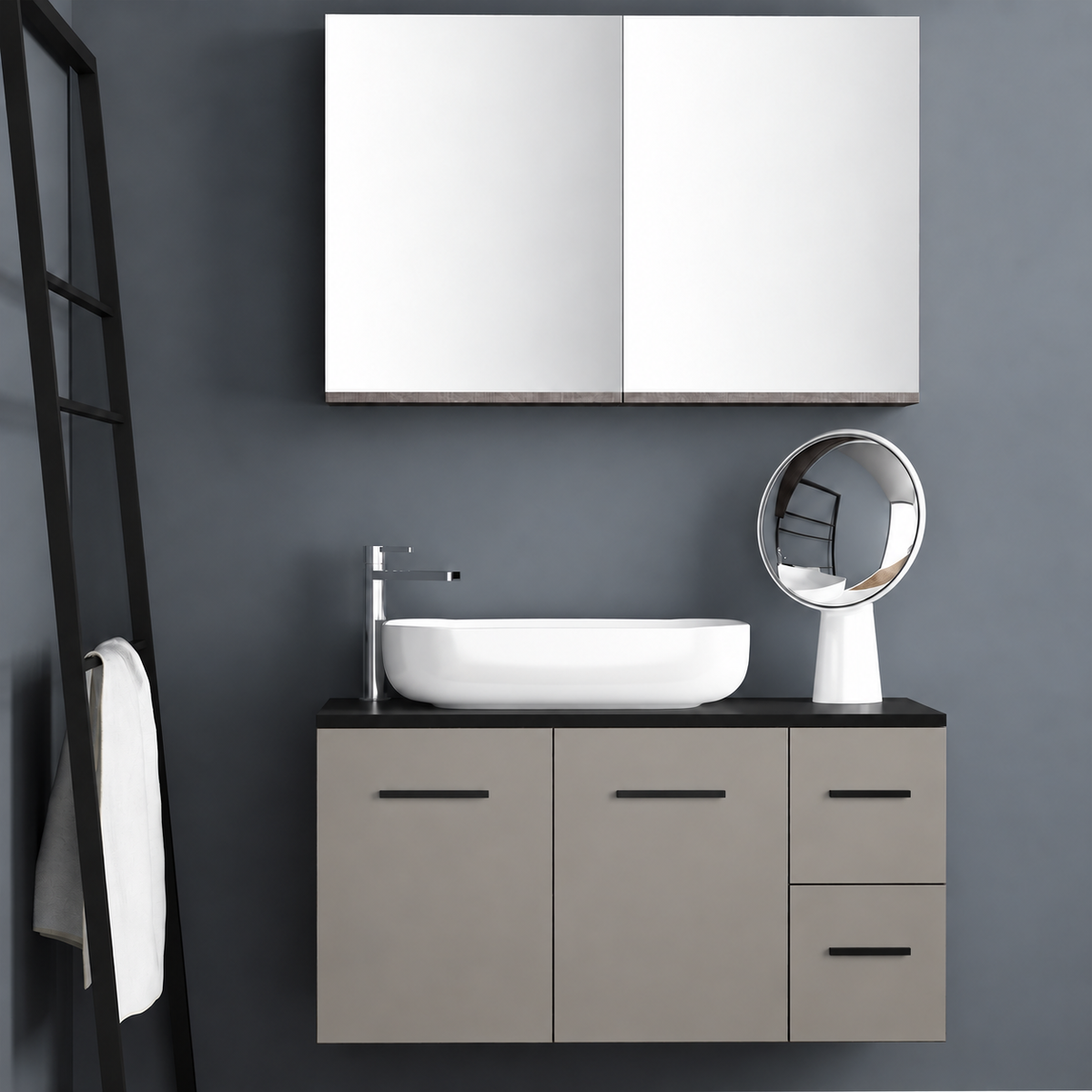 Orabella Solid Surface100 - Finish 194 / Black countertop / Two Doors and Two Drawers / Black handles