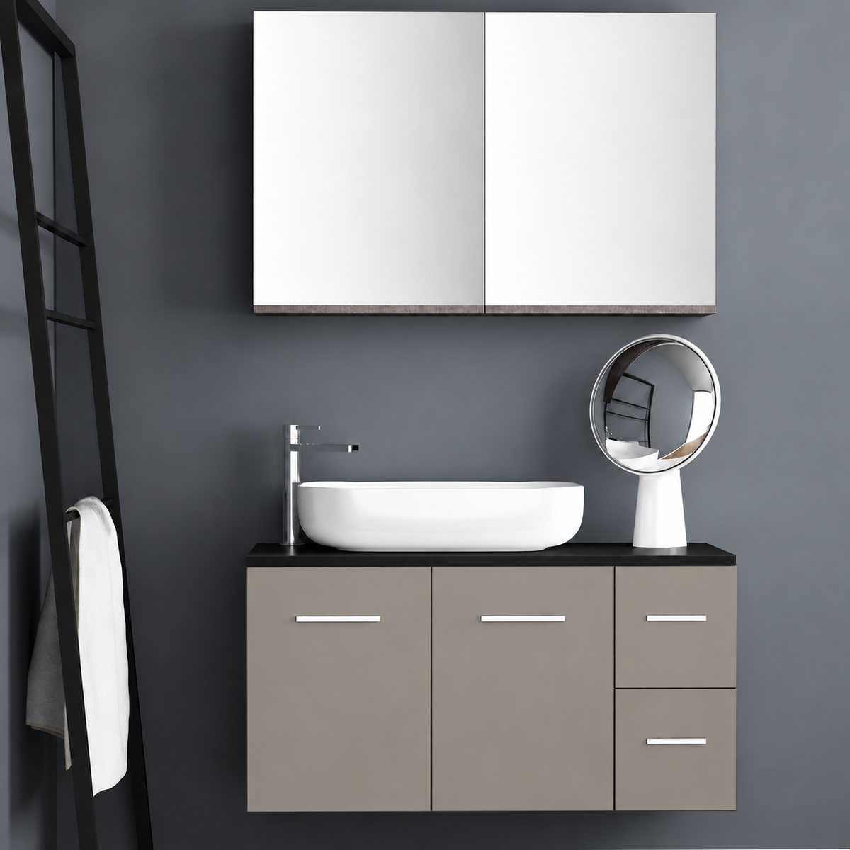 Orabella Solid Surface100 - Finish 194 / Black countertop / Two Doors and Two Drawers / Chrome handles