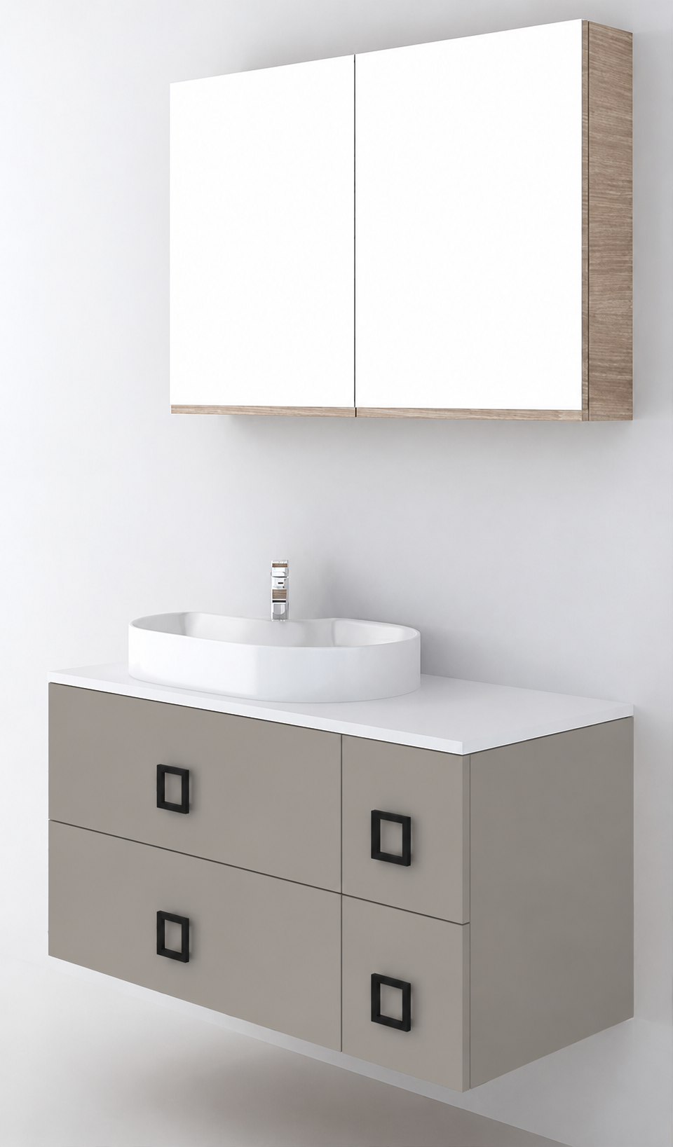 Orabella Solid Surface100 - Finish 194 / White countertop / Four Drawers / Black handles