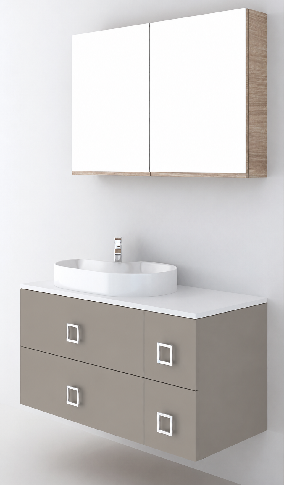 Orabella Solid Surface100 - Finish 194 / White countertop / Four Drawers / Chrome handles