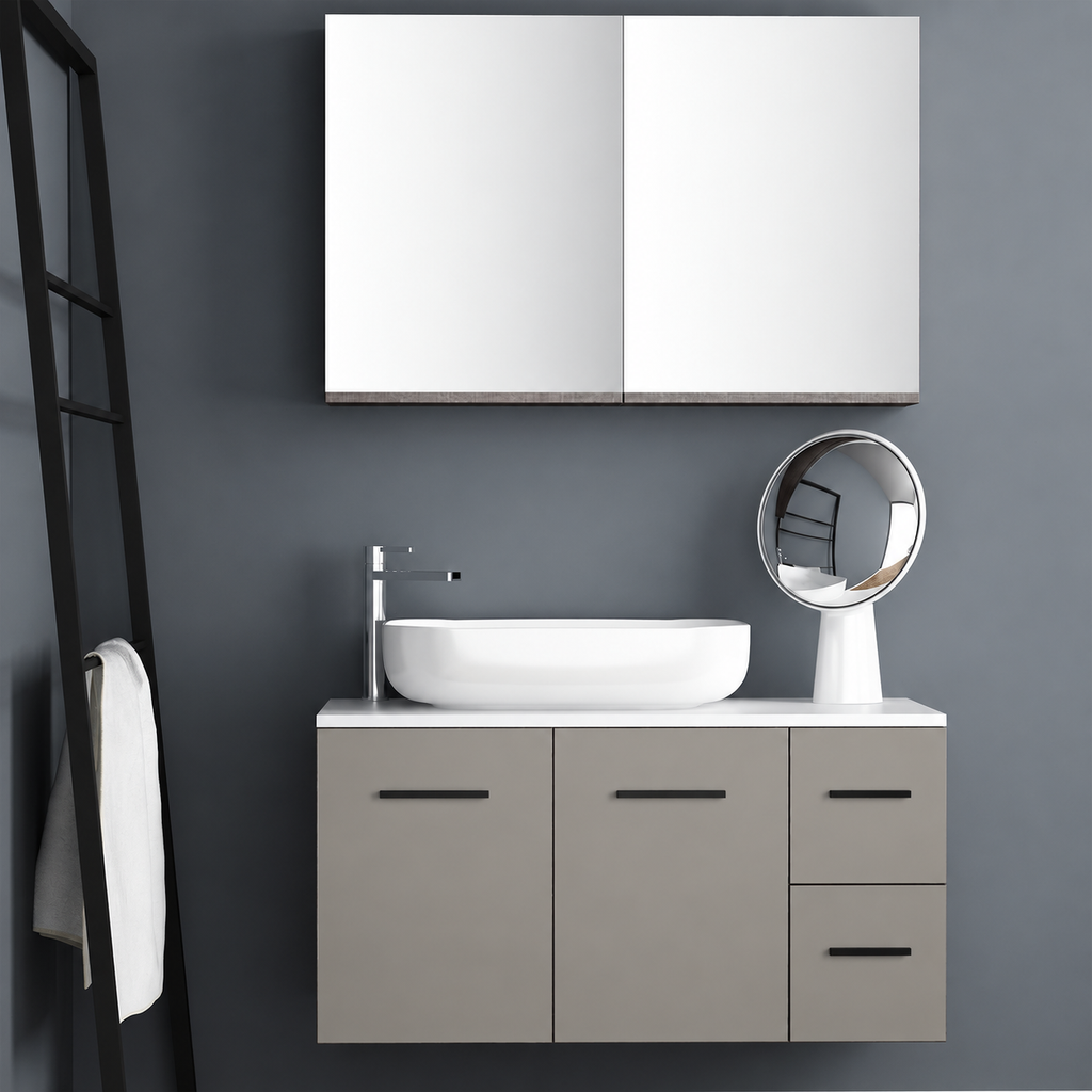 Orabella Solid Surface100 - Finish 194 / White countertop / Two Doors and Two Drawers / Black handles