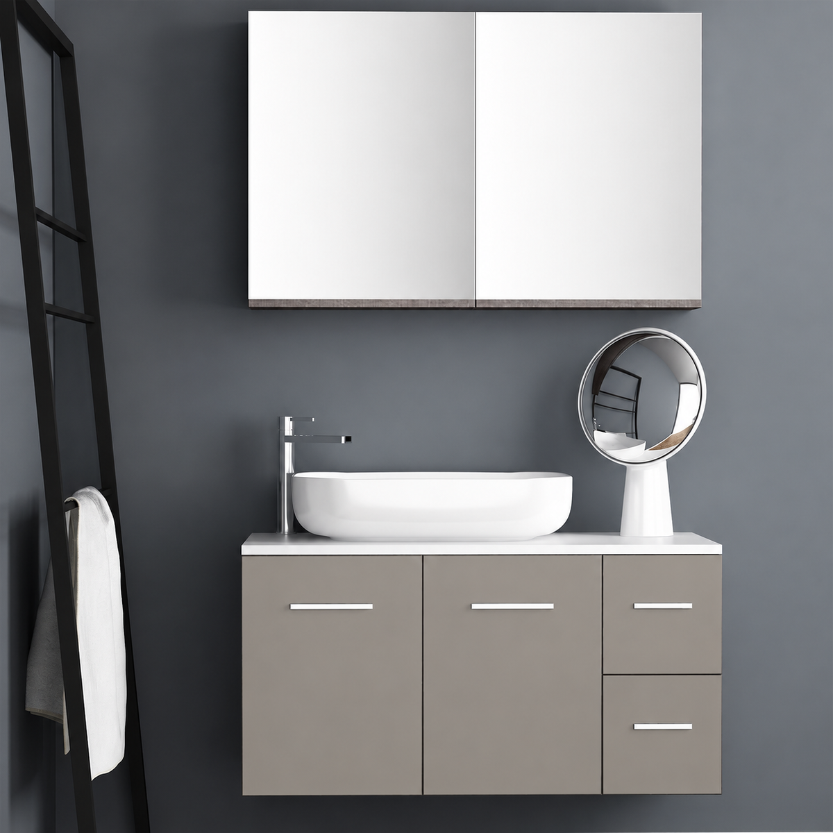 Orabella Solid Surface100 - Finish 194 / White countertop / Two Doors and Two Drawers / Chrome handles