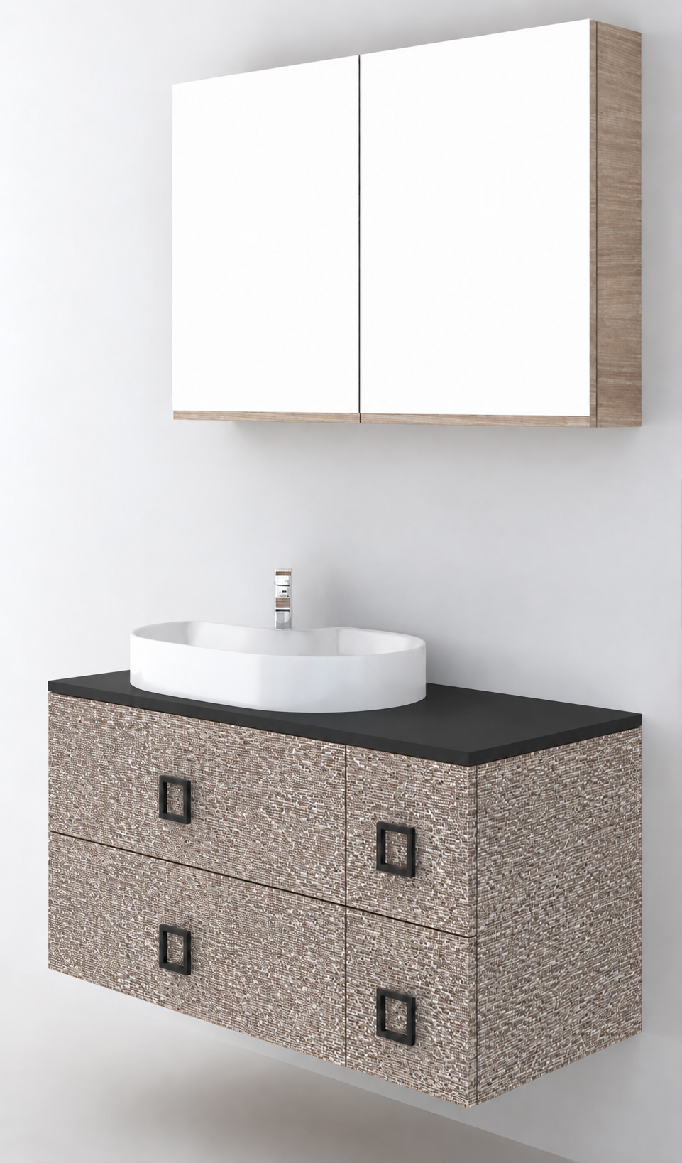 Orabella Solid Surface100 - Finish 245 / Black countertop / Four Drawers / Black handles