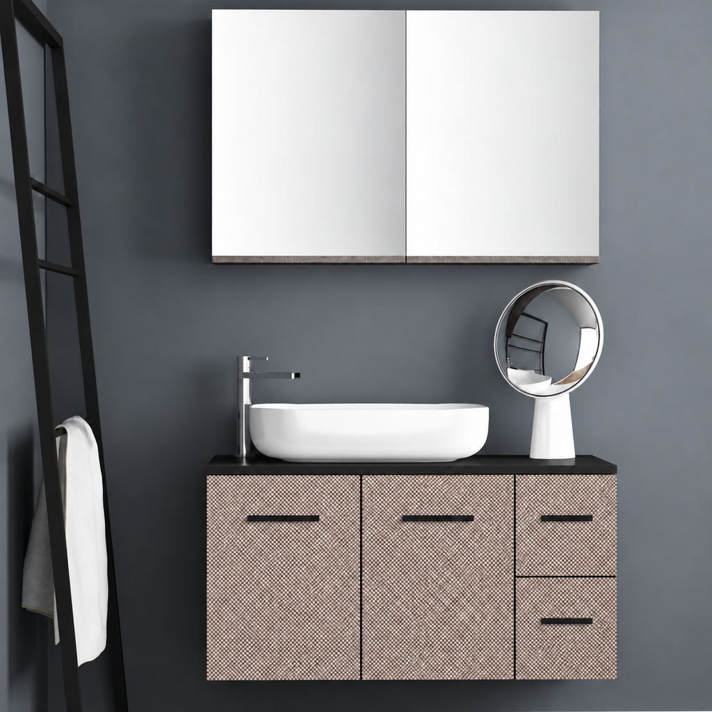 Orabella Solid Surface100 - Finish 245 / Black countertop / Two Doors and Two Drawers / Black handles