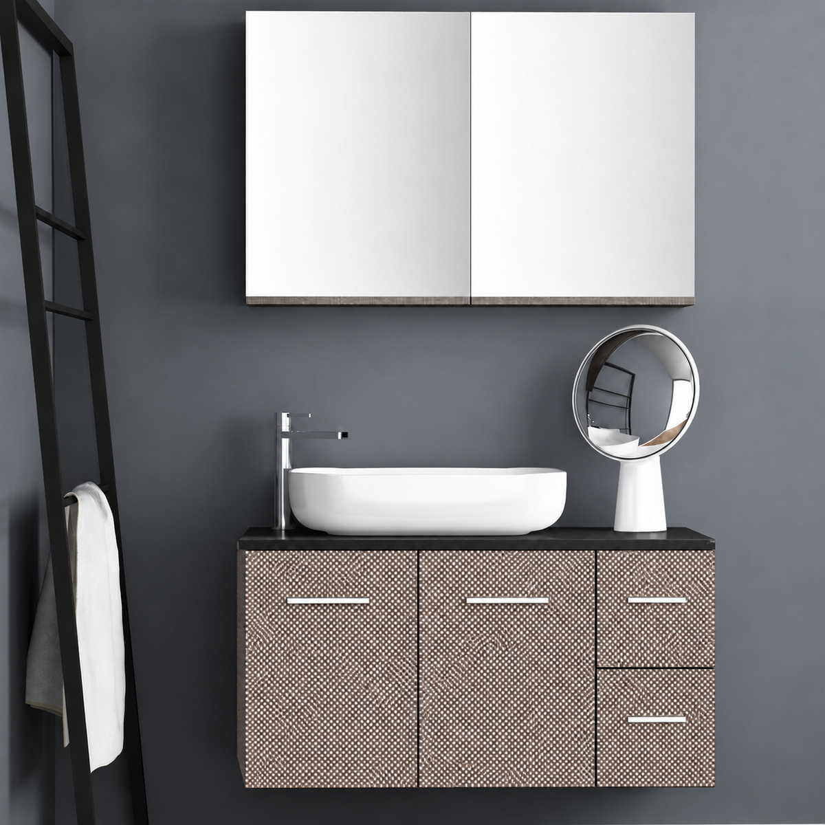 Orabella Solid Surface100 - Finish 245 / Black countertop / Two Doors and Two Drawers / Chrome handles