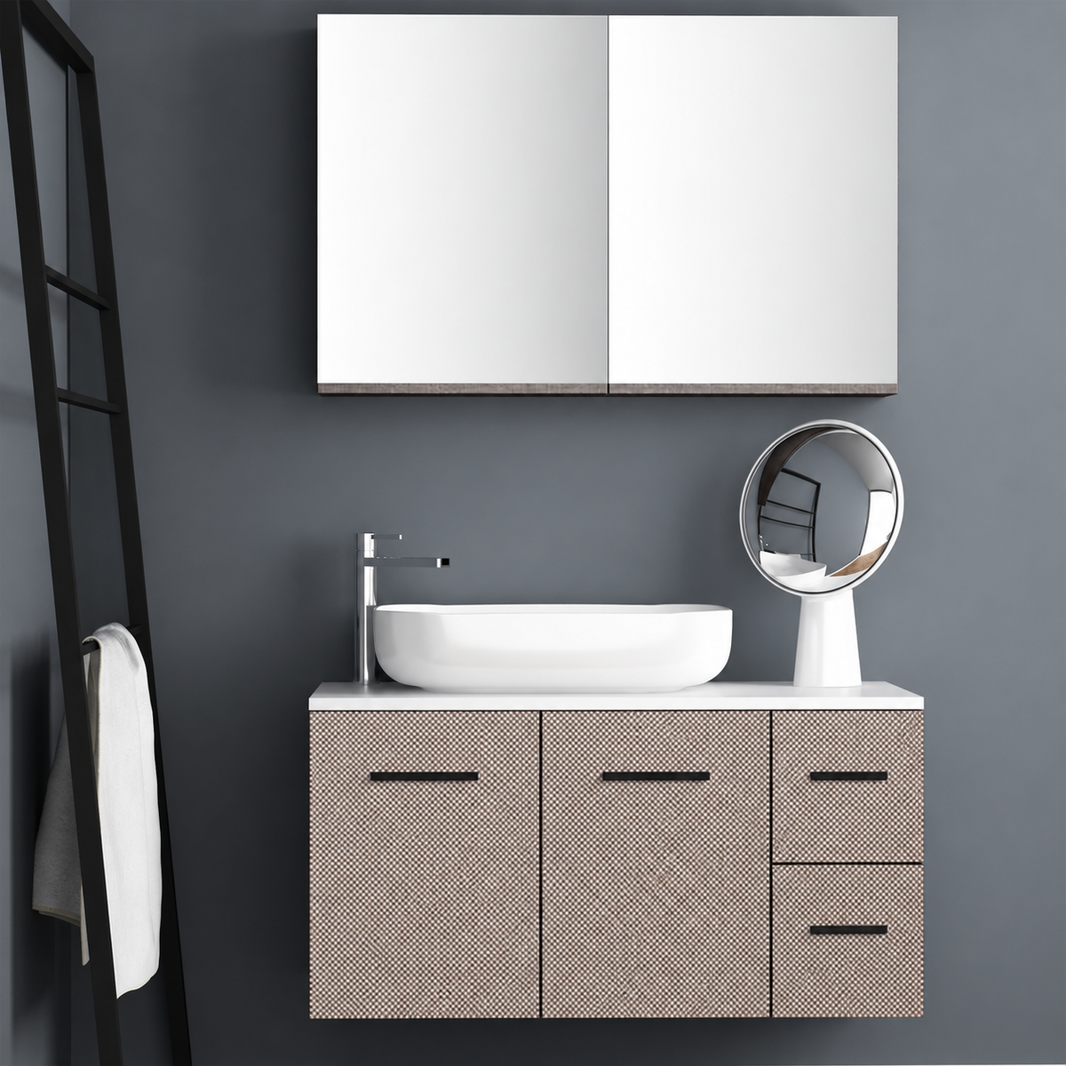 Orabella Solid Surface100 - Finish 245 / White countertop / Two Doors and Two Drawers / Black handles