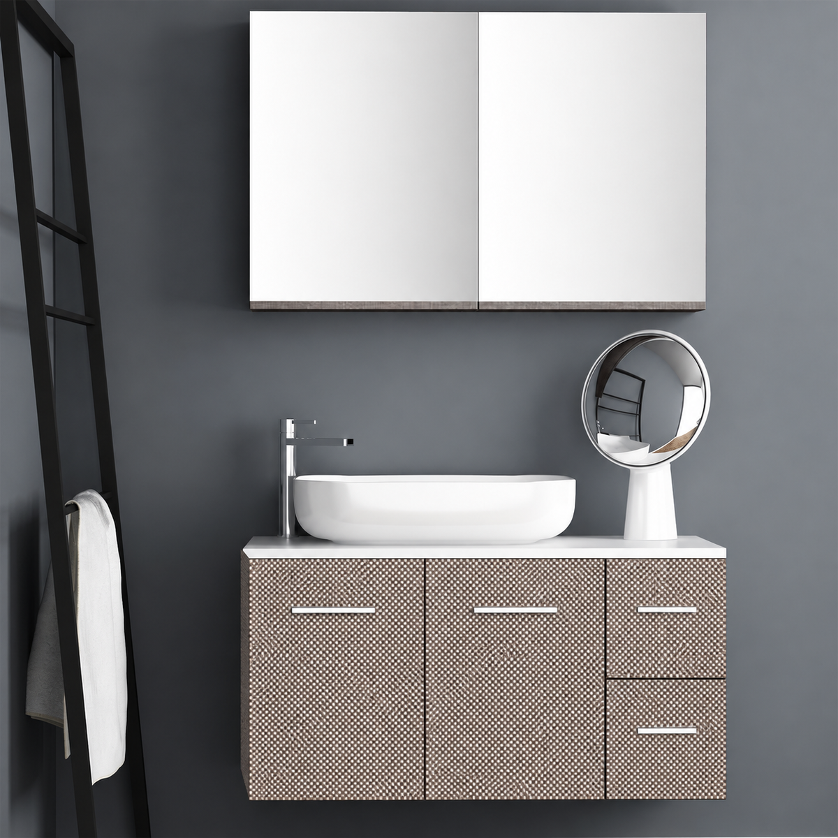 Orabella Solid Surface100 - Finish 245 / White countertop / Two Doors and Two Drawers / Chrome handles