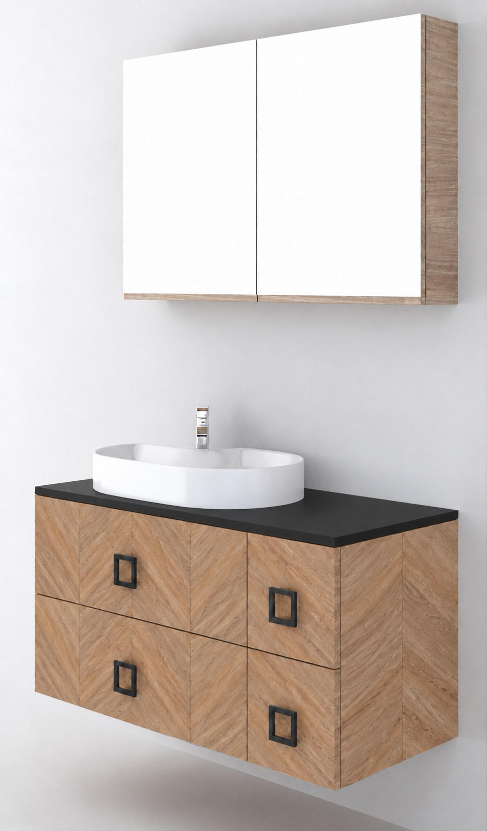 Orabella Solid Surface100 - Finish 270 / Black countertop / Four Drawers / Black handles