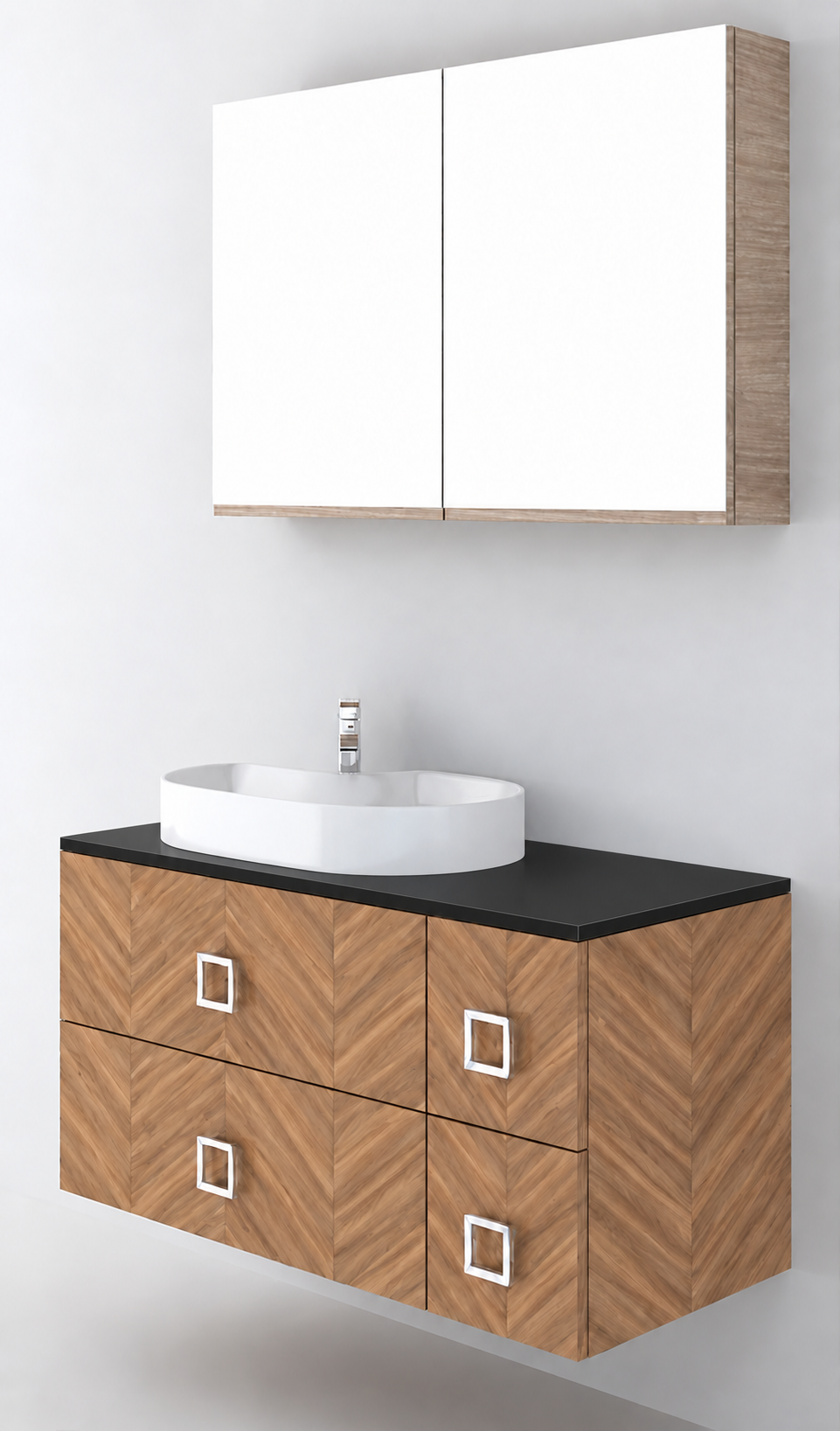 Orabella Solid Surface100 - Finish 270 / Black countertop / Four Drawers / Chrome handles