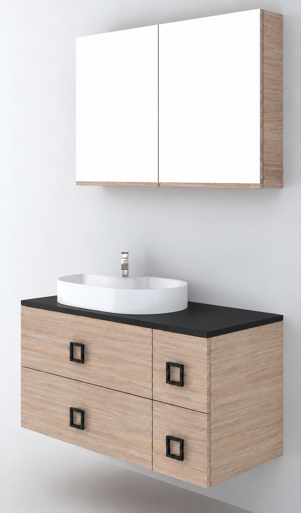 Orabella Solid Surface100 - Finish 326 / Black countertop / Four Drawers / Black handles