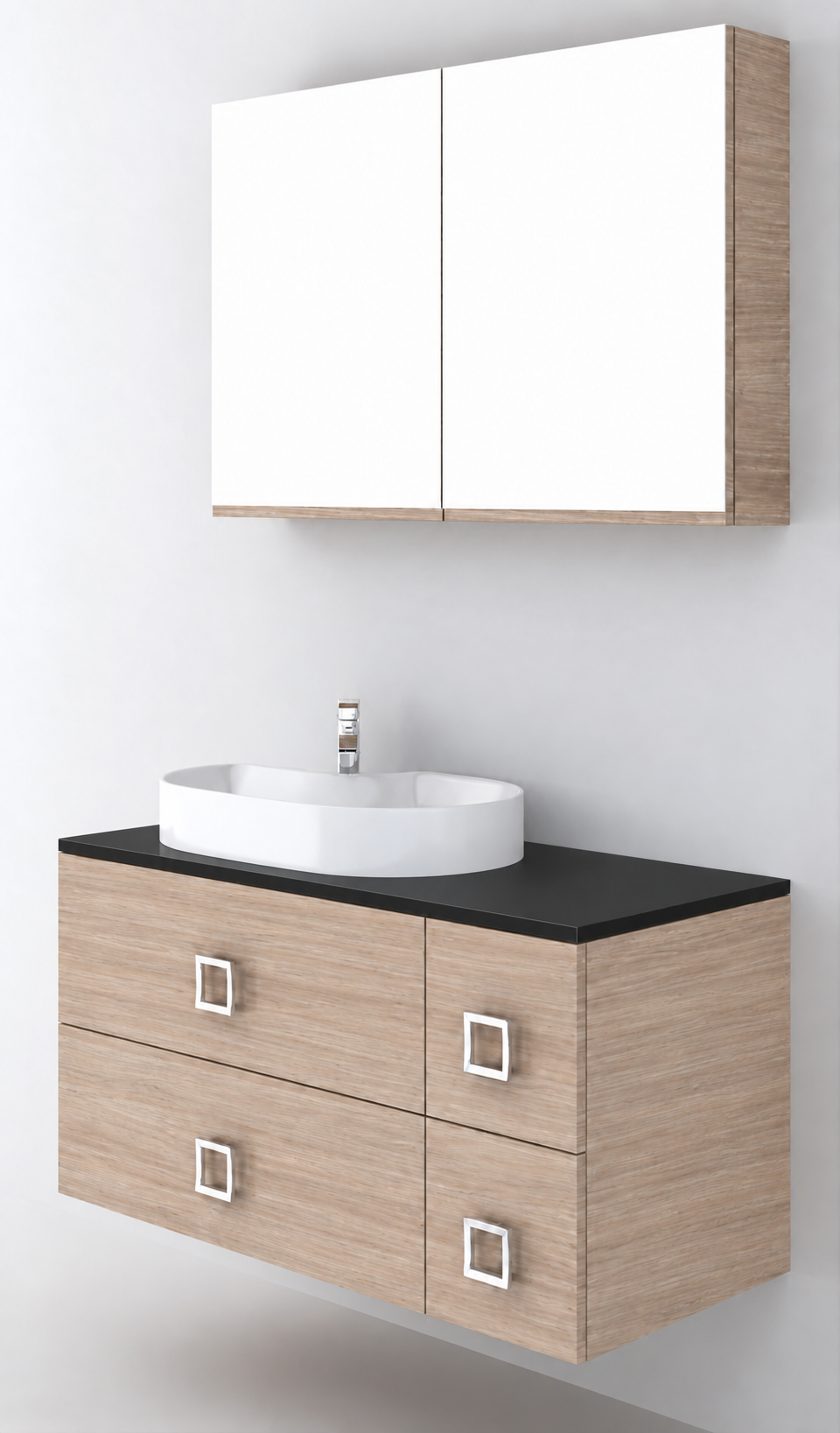 Orabella Solid Surface100 - Finish 326 / Black countertop / Four Drawers / Chrome handles