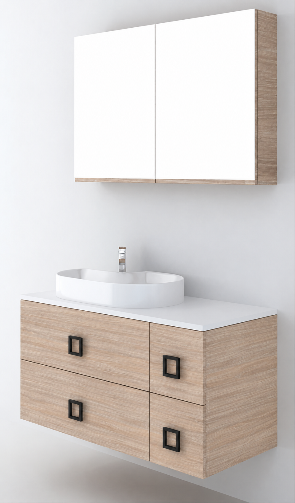 Orabella Solid Surface100 - Finish 326 / White countertop / Four Drawers / Black handles