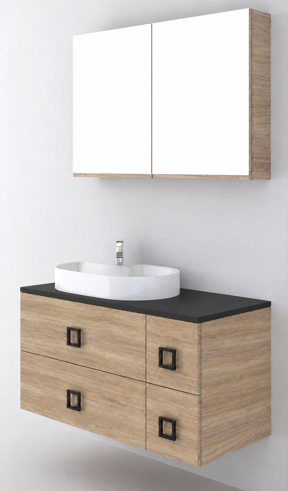 Orabella Solid Surface100 - Finish 331 / Black countertop / Four Drawers / Black handles
