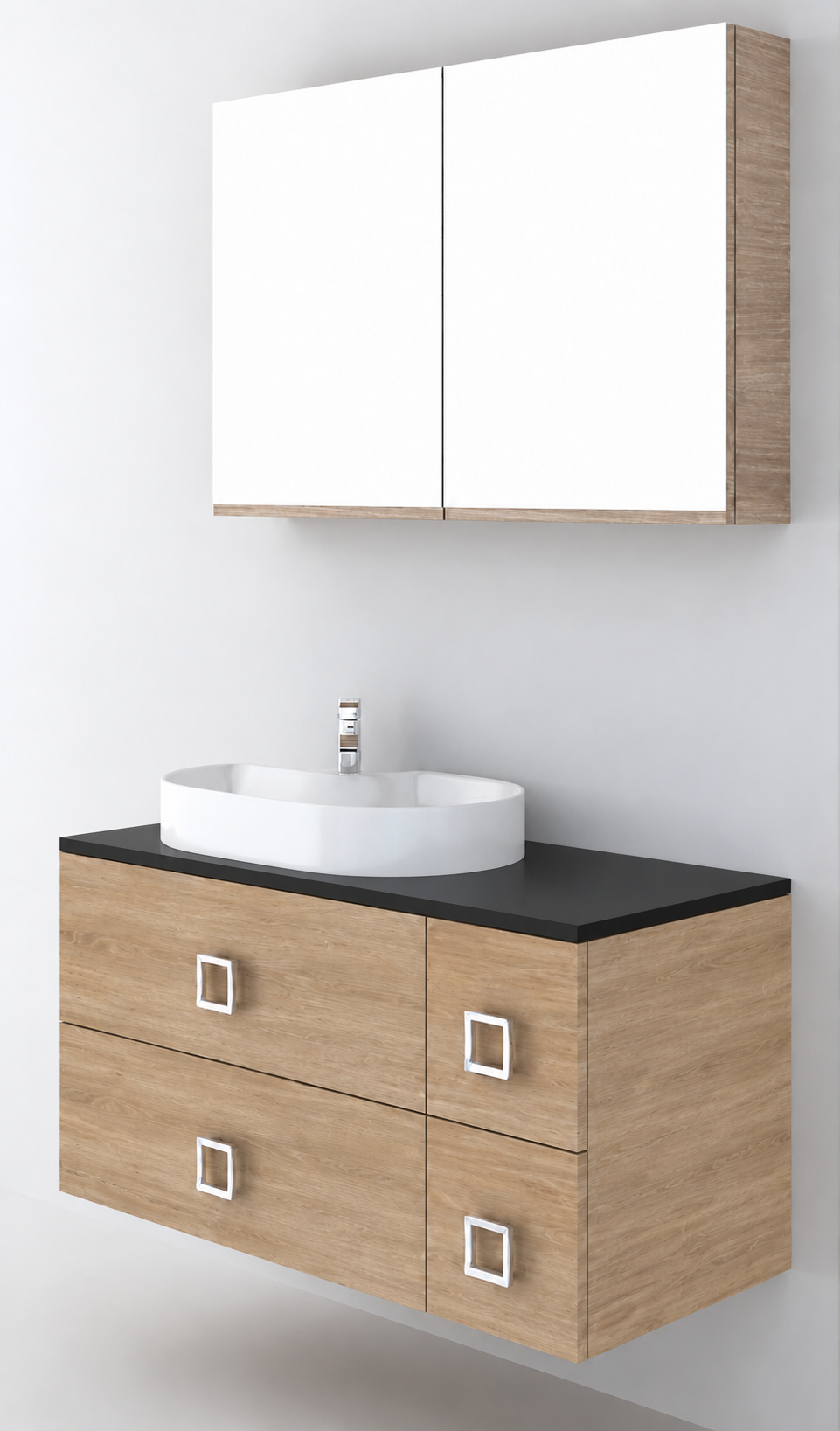 Orabella Solid Surface100 - Finish 331 / Black countertop / Four Drawers / Chrome handles