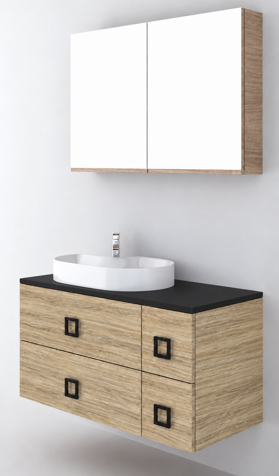 Orabella Solid Surface100 - Finish 390 / Black countertop / Four Drawers / Black handles