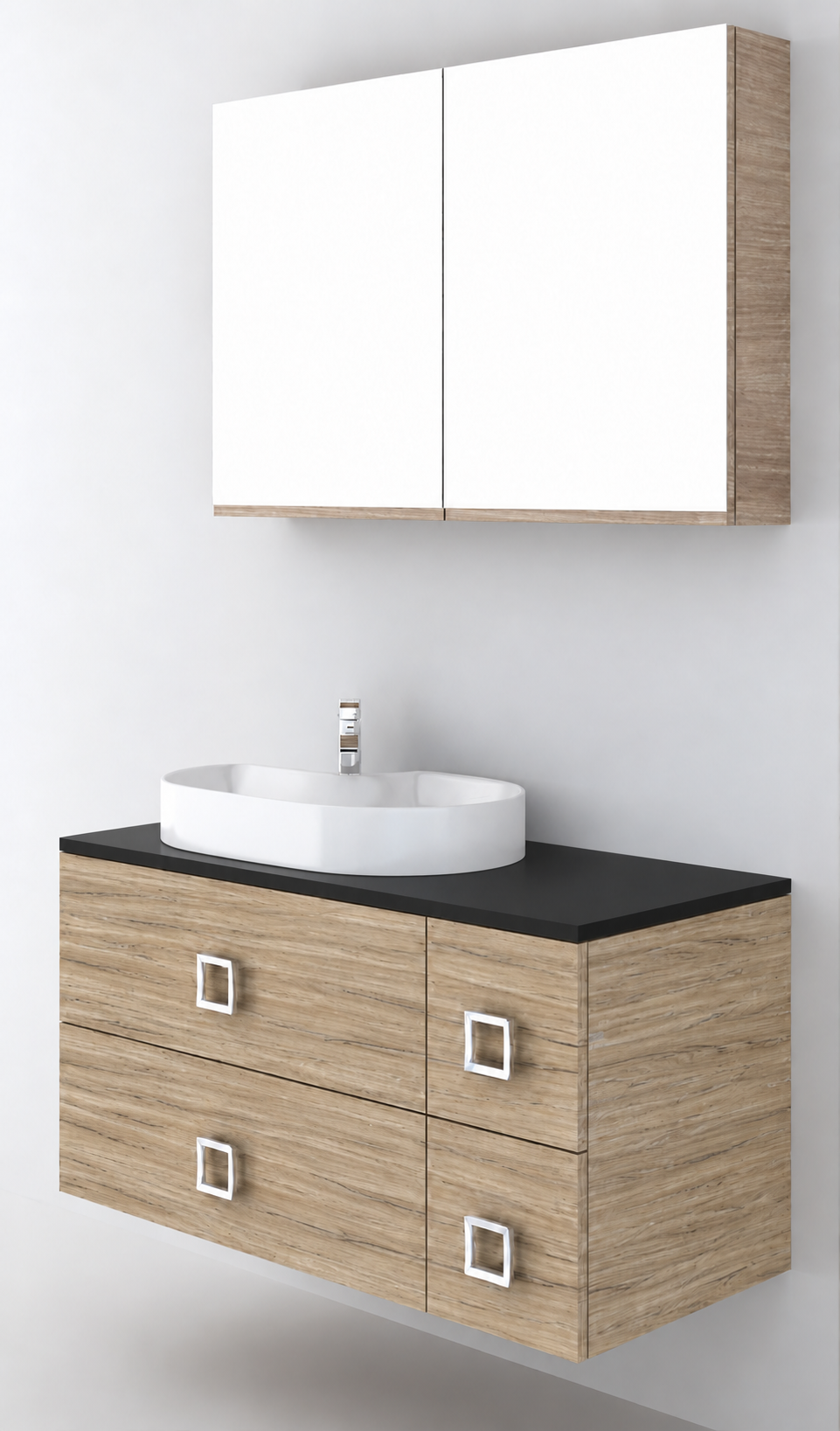 Orabella Solid Surface100 - Finish 390 / Black countertop / Four Drawers / Chrome handles