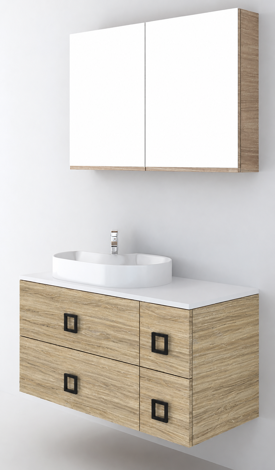 Orabella Solid Surface100 - Finish 390 / White countertop / Four Drawers / Black handles