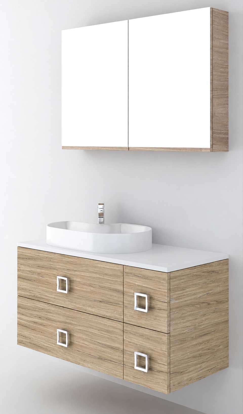 Orabella Solid Surface100 - Finish 390 / White countertop / Four Drawers / Chrome handles