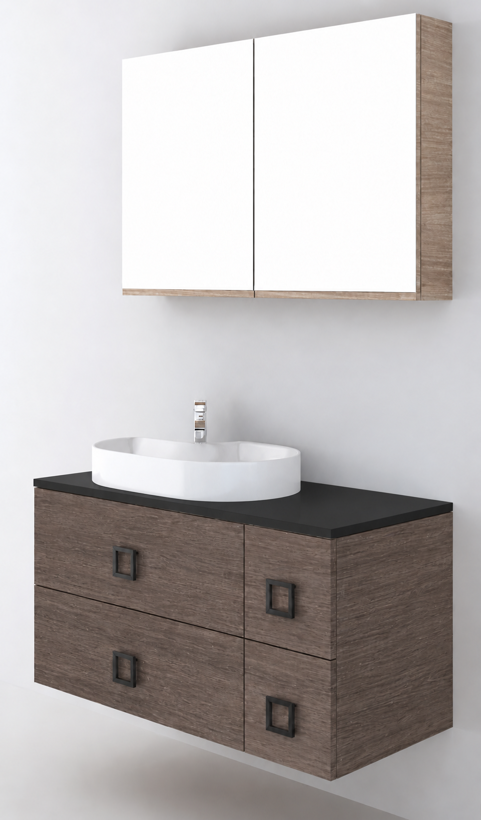 Orabella Solid Surface100 - Finish 399 / Black countertop / Four Drawers / Black handles