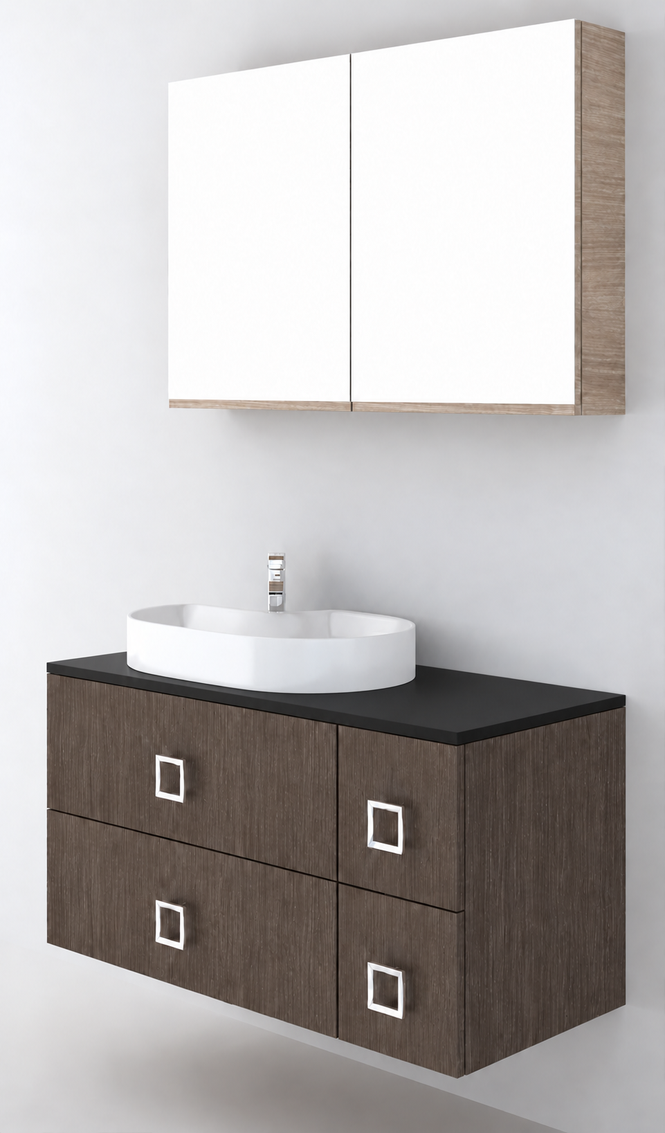 Orabella Solid Surface100 - Finish 399 / Black countertop / Four Drawers / Chrome handles