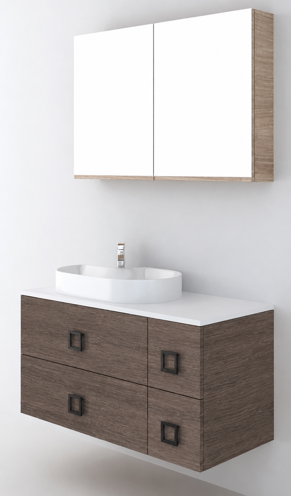 Orabella Solid Surface100 - Finish 399 / White countertop / Four Drawers / Black handles