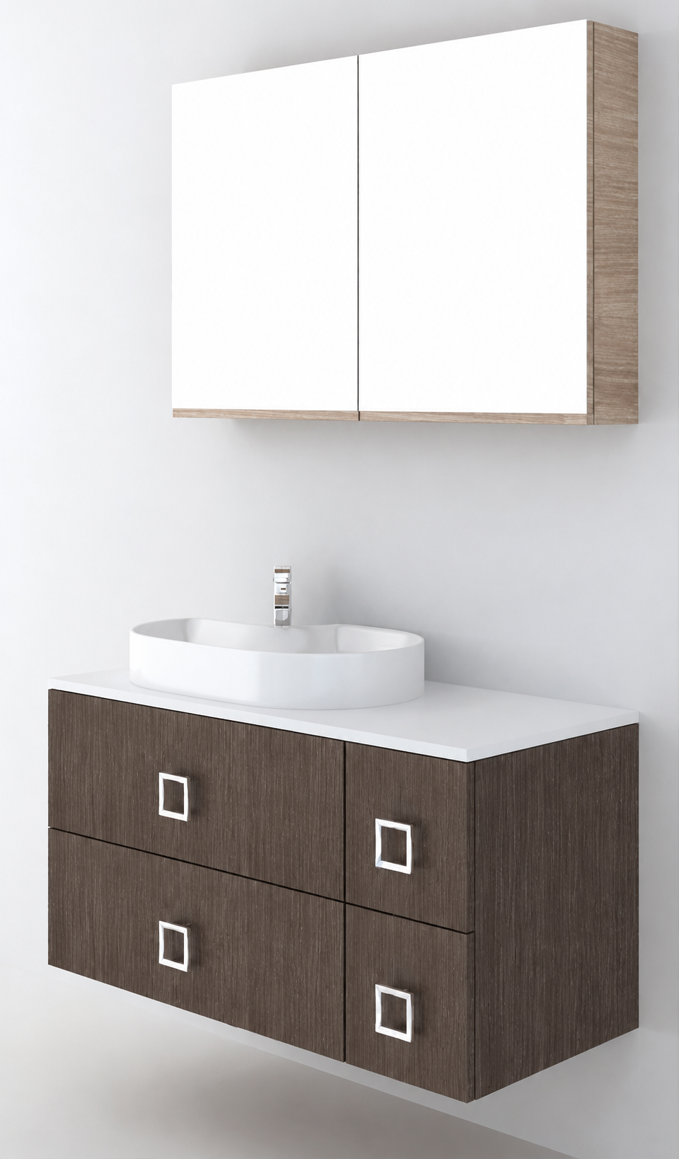 Orabella Solid Surface100 - Finish 399 / White countertop / Four Drawers / Chrome handles