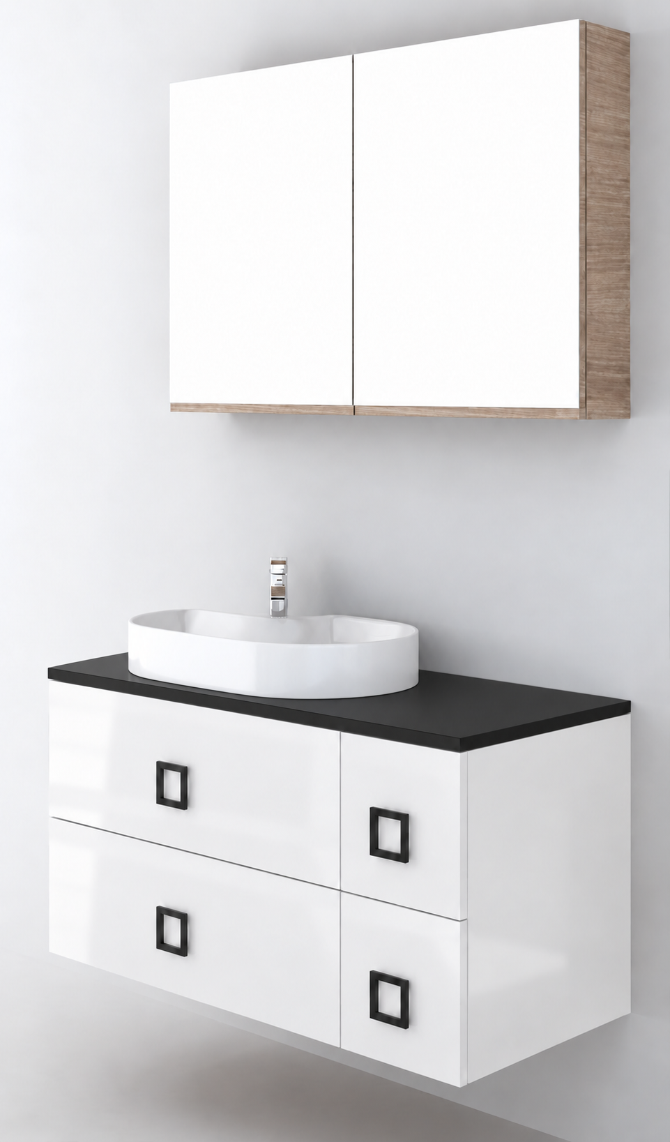 Orabella Solid Surface100 - Finish 6010 / Black countertop / Four Drawers / Black handles