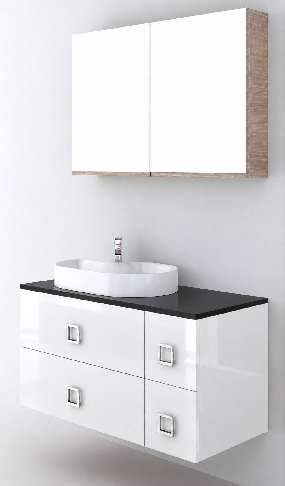 Orabella Solid Surface100 - Finish 6010 / Black countertop / Four Drawers / Chrome handles