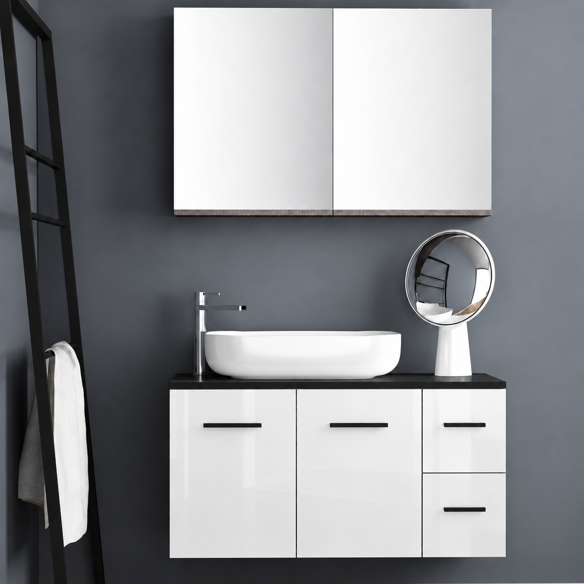 Orabella Solid Surface100 - Finish 6010 / Black countertop / Two Doors and Two Drawers / Black handles