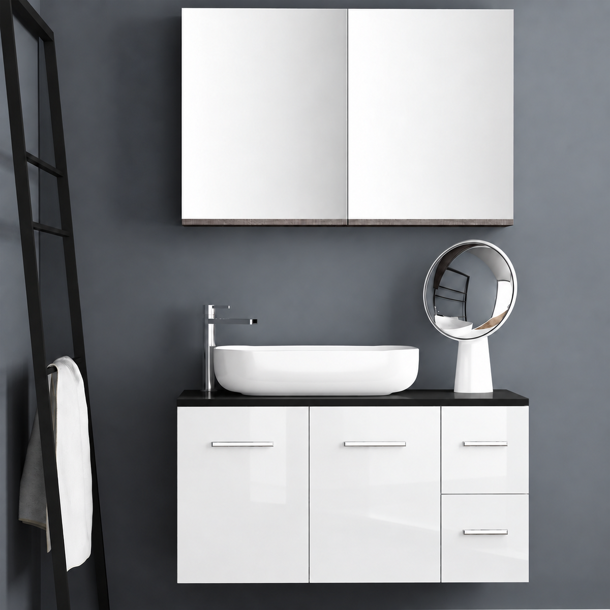 Orabella Solid Surface100 - Finish 6010 / Black countertop / Two Doors and Two Drawers / Chrome handles