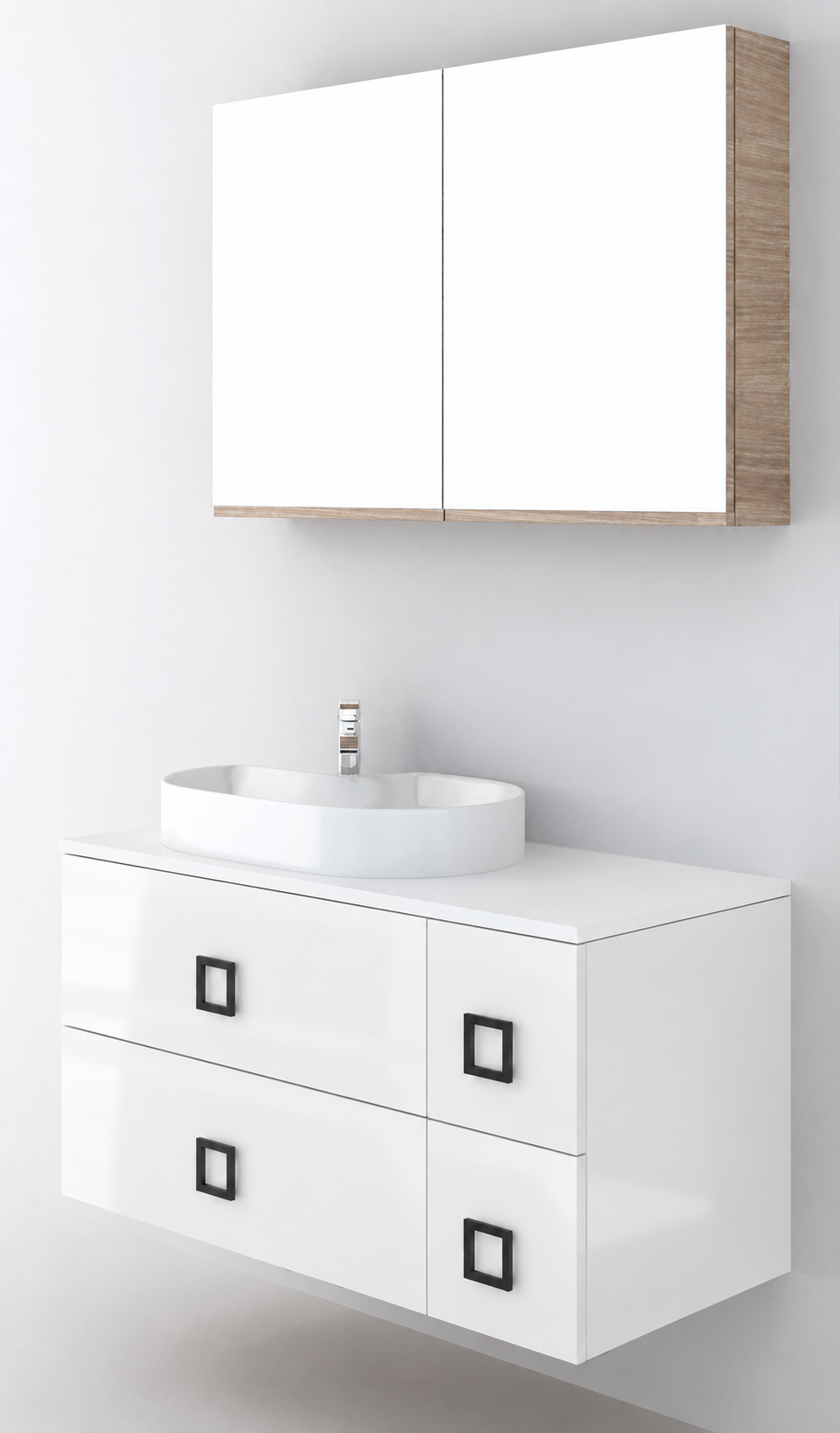 Orabella Solid Surface100 - Finish 6010 / White countertop / Four Drawers / Black handles