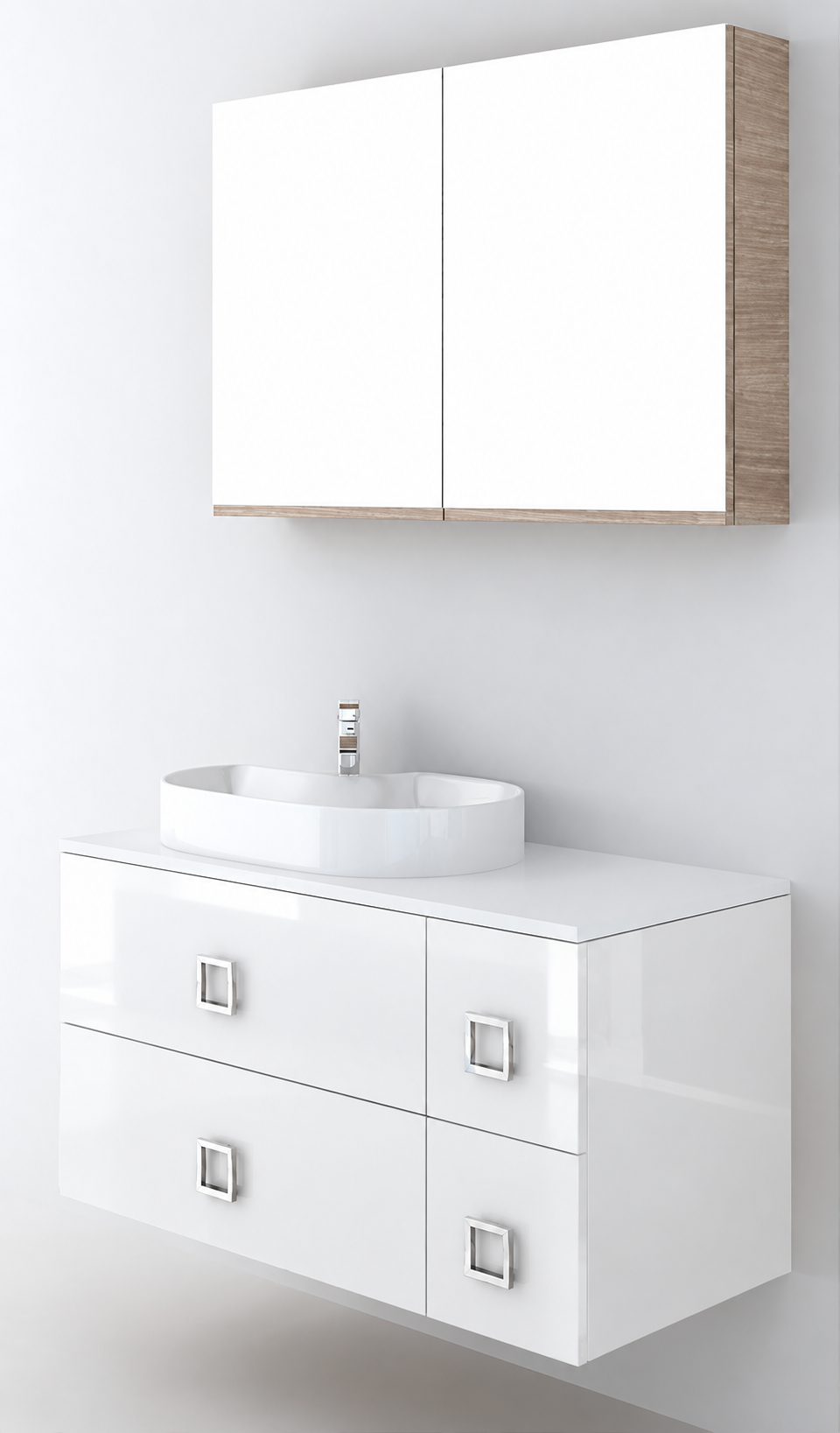 Orabella Solid Surface100 - Finish 6010 / White countertop / Four Drawers / Chrome handles