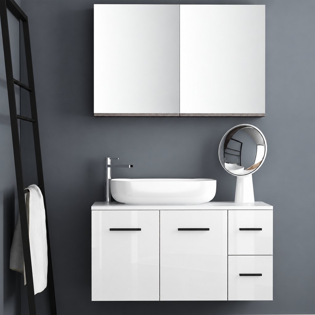 Orabella Solid Surface100 - Finish 6010 / White countertop / Two Doors and Two Drawers / Black handles