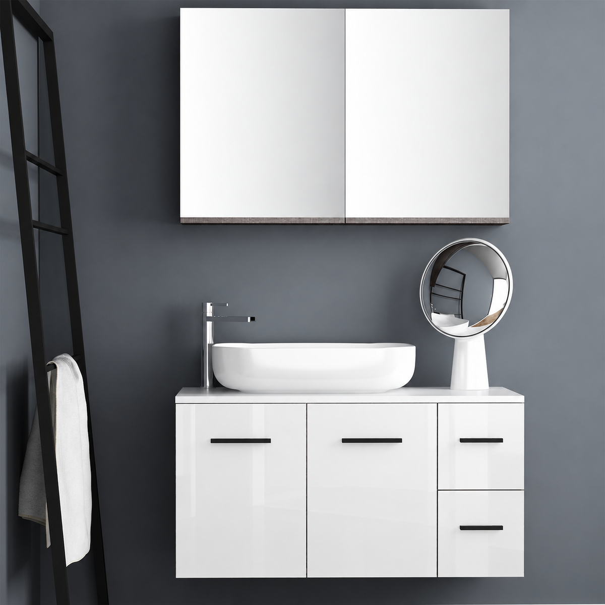 Orabella Solid Surface100 - Finish 6010 / White countertop / Two Doors and Two Drawers / Black handles