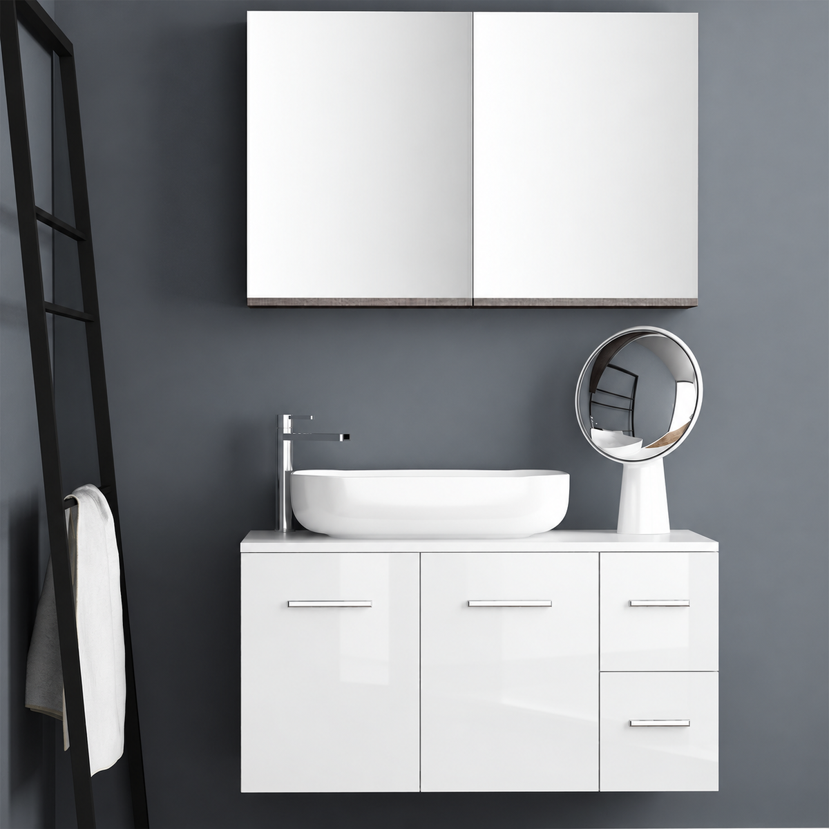 Orabella Solid Surface100 - Finish 6010 / White countertop / Two Doors and Two Drawers / Chrome handles