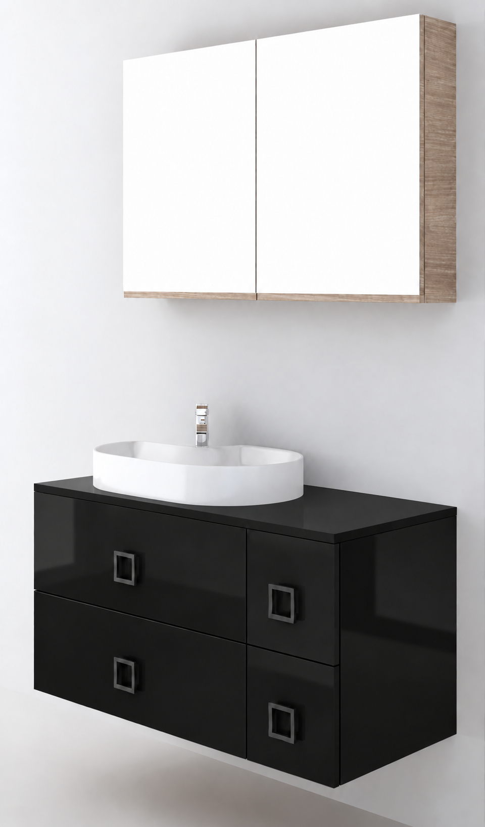 Orabella Solid Surface100 - Finish 6040 / Black countertop / Four Drawers / Black handles